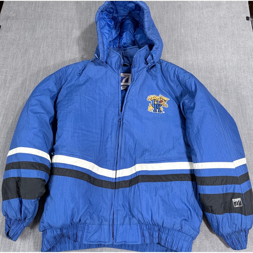 Vintage Logo 7 Kentucky Wildcats Puffer Jacket XL Blue Spellout Hooded Parka